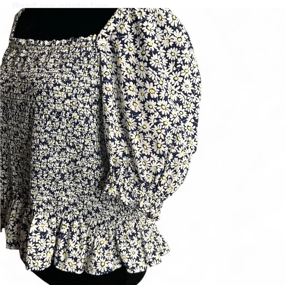 J CREW Black & White Daisy Print Blouse Square Neck Ruffle Hem XL, NWOT